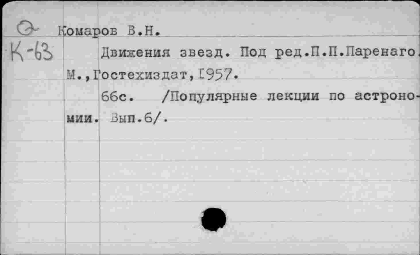 ﻿Комаров В.Н.
Движения звезд. Под ред.П.П.Паренаго М.,Гостехиздат, 1957«
66с. /Популярные лекции по астроно мии. Вып.б/.